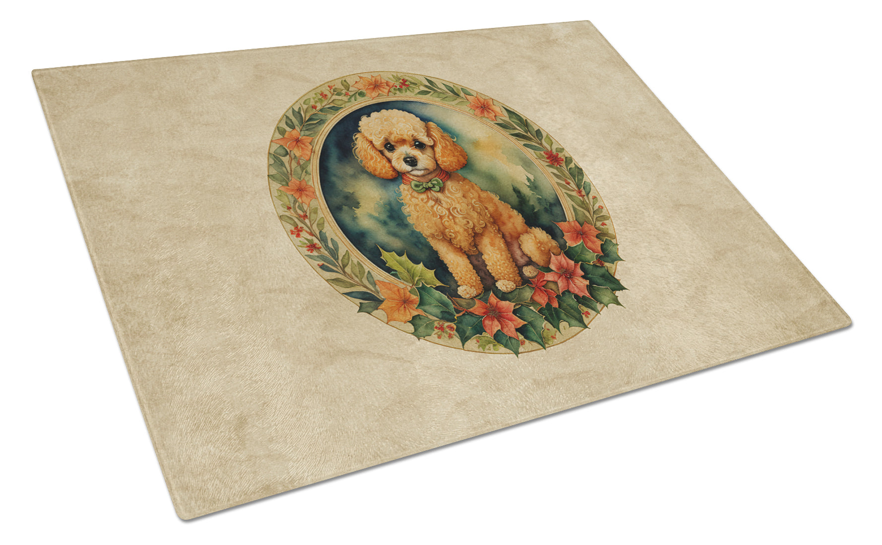 Poodle Christmas Flowers Glass Cutting Board