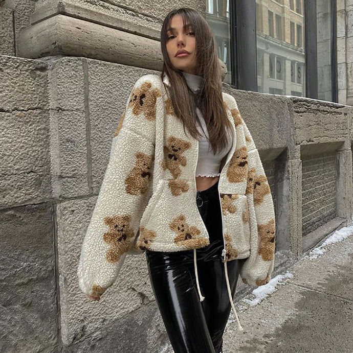 Loose Printed Lamb Wool Coat - European & American Style