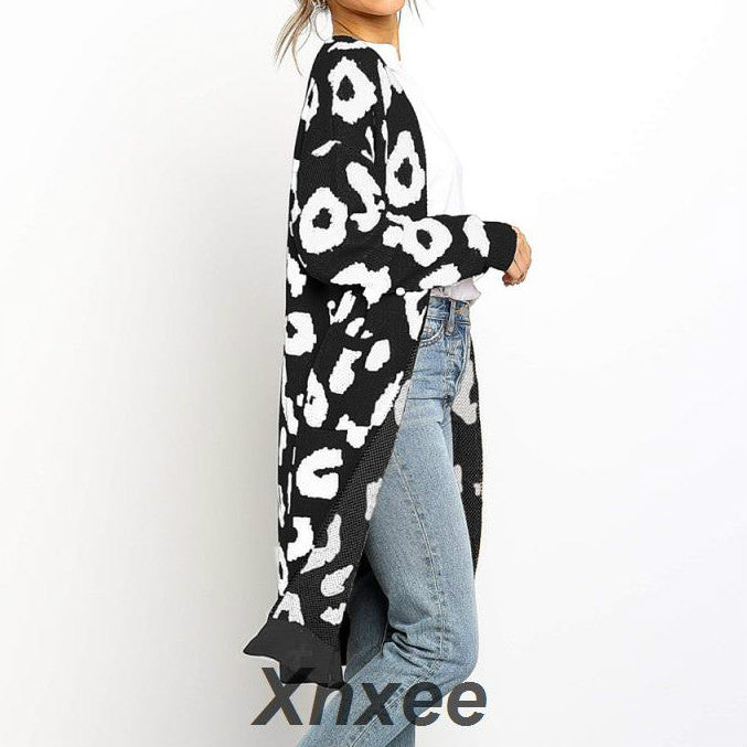 Women's Leopard Knitted Long Sleeve Cardigan Sweater