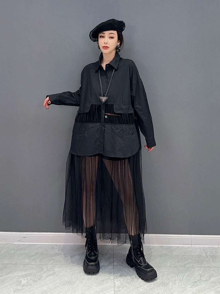 SHENGPALAE Fashion Mesh Spliced Shirt Dress for Women