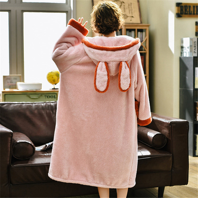 Hooded Coral Fleece Kimono Robe for Women