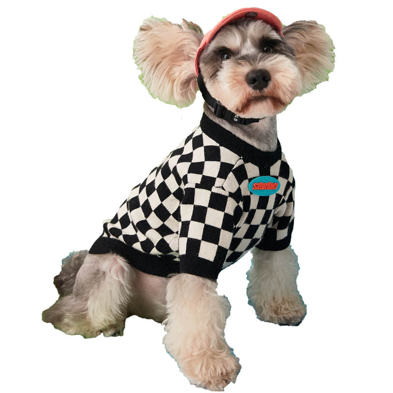Checkerboard Pattern Round Neck Pet Sweater
