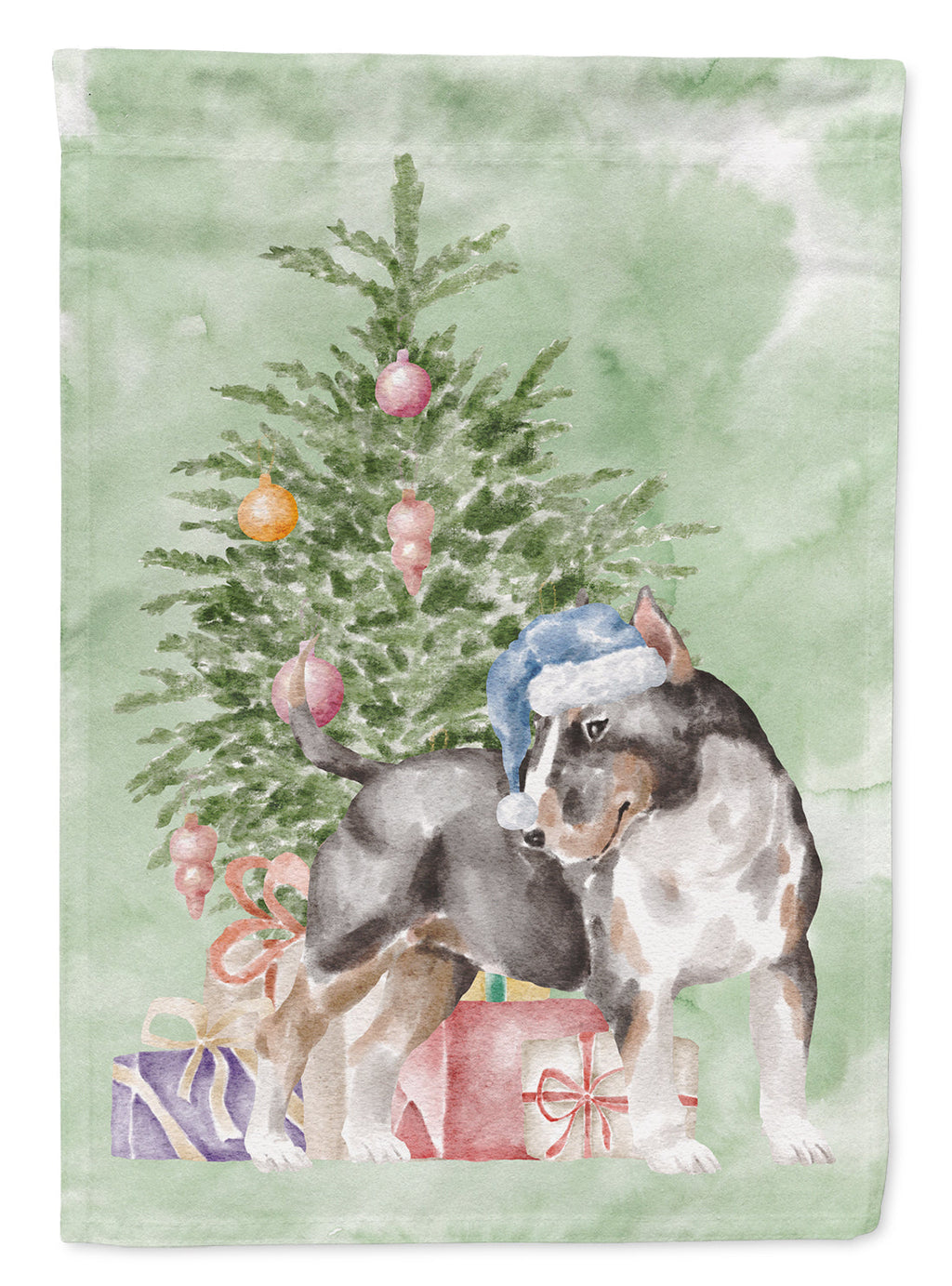 Bull Terrier Tricolor Christmas Presents and Tree Garden Flag