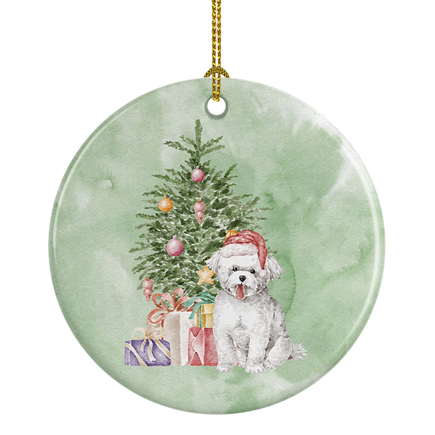 Bichon Frise Puppy Christmas Presents and Tree Ceramic Ornament
