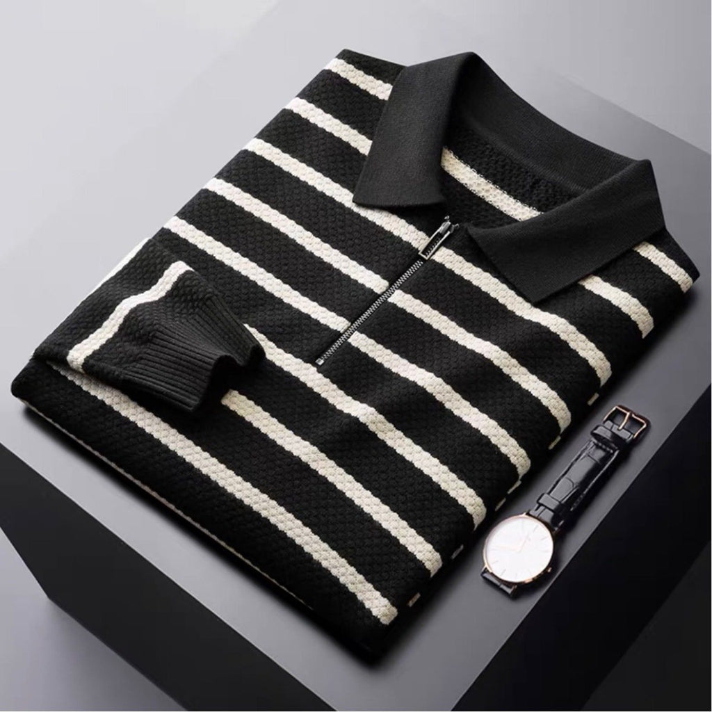 Men's Long-Sleeved Striped Polo Sweater for Autumn/Winter