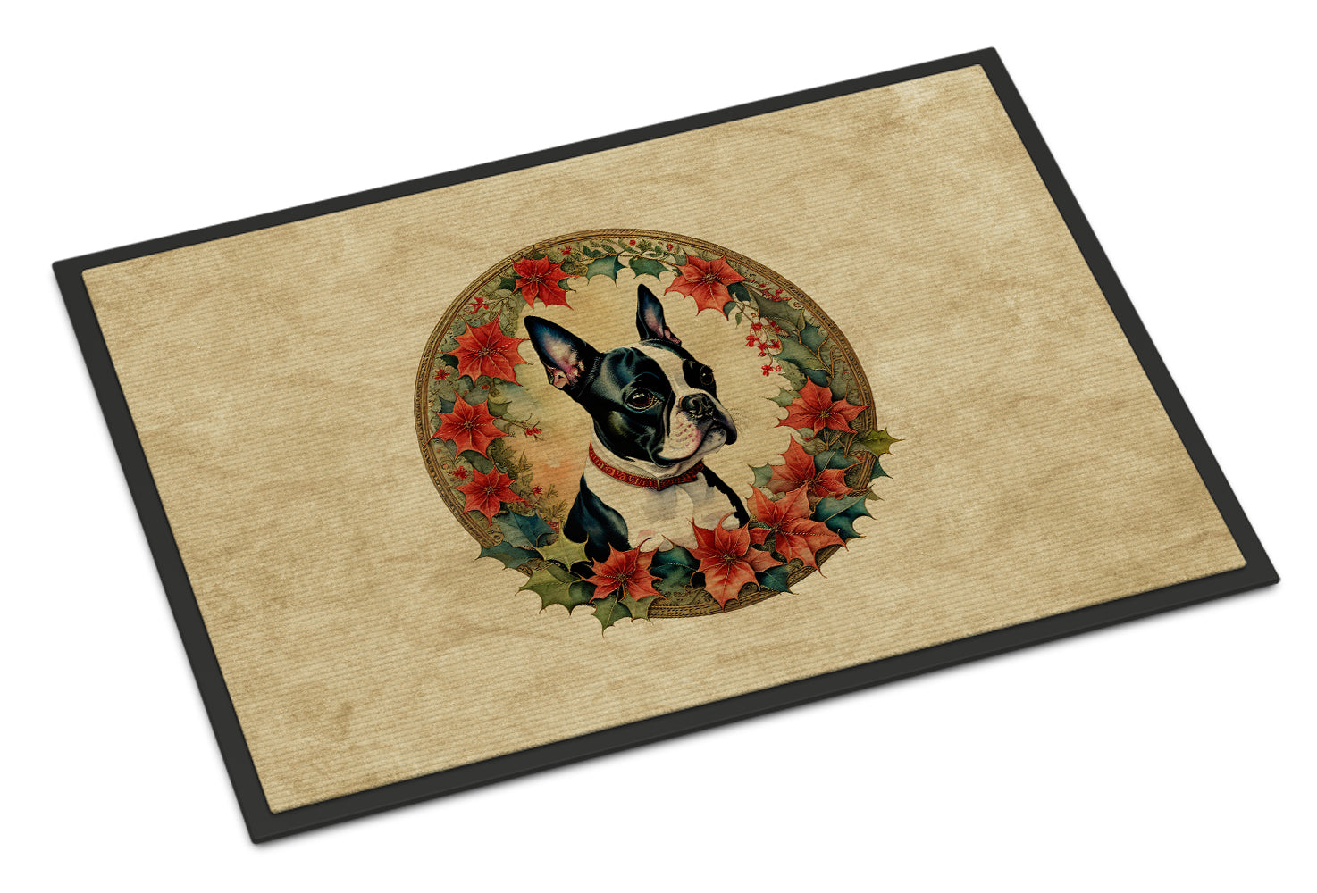 Boston Terrier Christmas Flowers Doormat