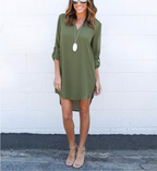 Chiffon Long Sleeve V-Neck Dress with Asymmetrical Hem