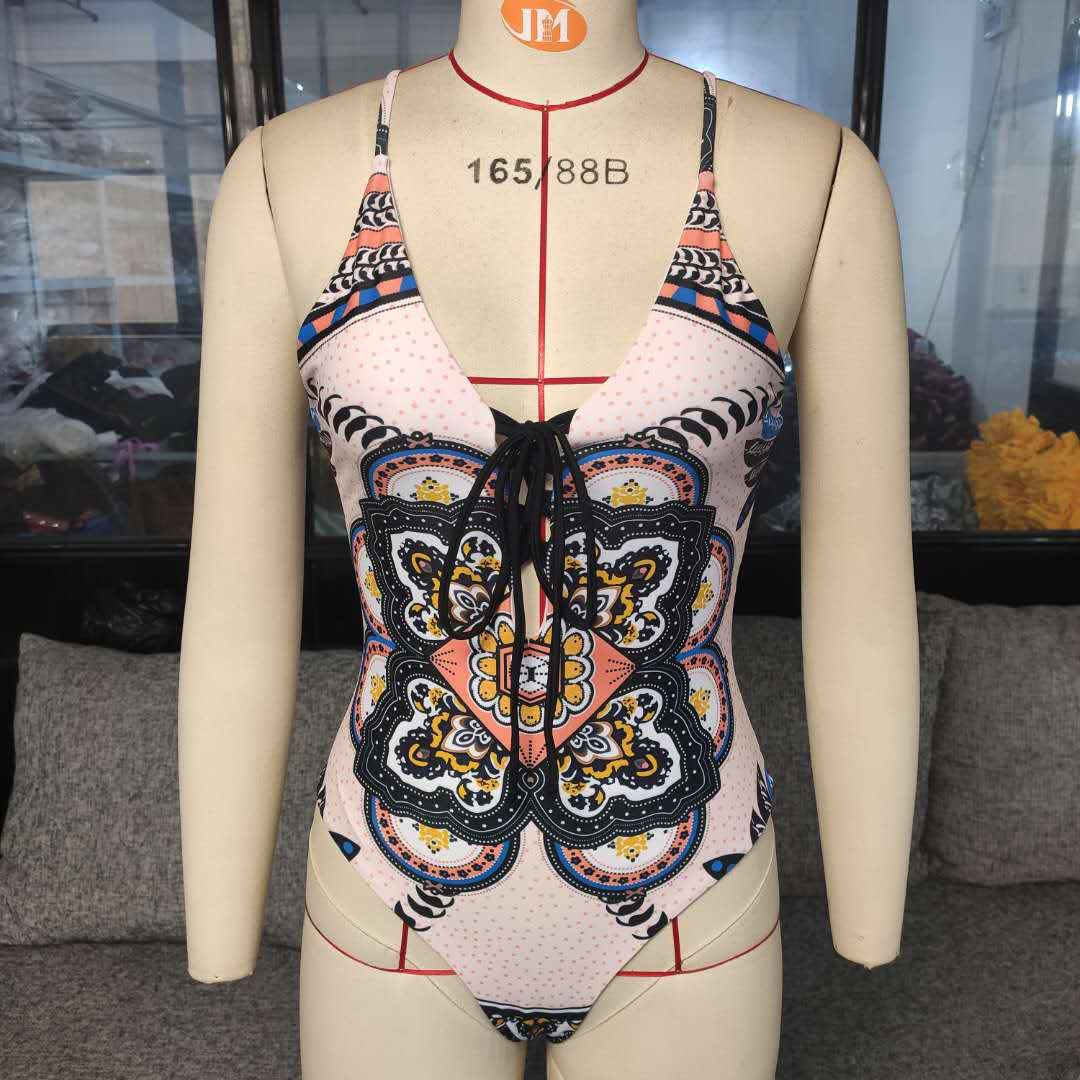 Boho Mandala Print Lace-Up Plunge One-Piece Swimsuit