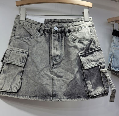 High-Waist Cargo Denim Mini Skirt