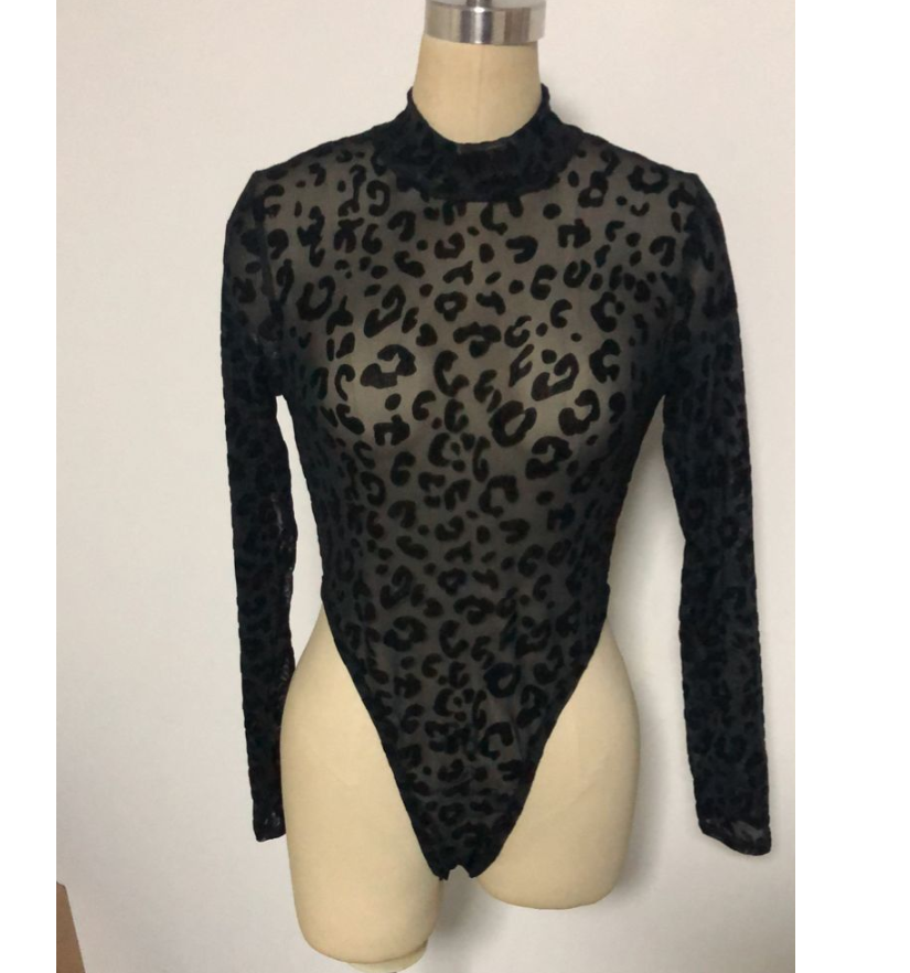 Black Leopard Print Sheer Bodysuit for Women