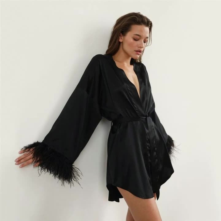 Feather Trim Silk-Feel Long Sleeve Nightgown