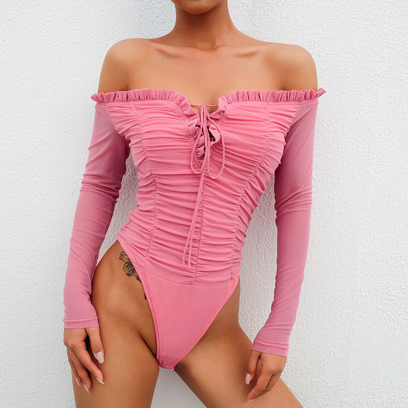 Mesh Long Sleeve Bodysuit with Off-Shoulder Design