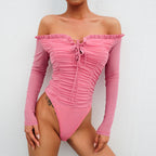 Mesh Long Sleeve Bodysuit with Off-Shoulder Design