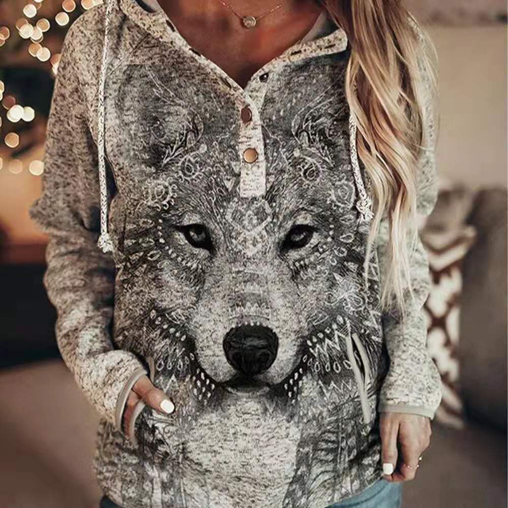 Casual Women's Hoodie with Animal Wolf Print | Streetwear