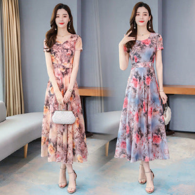 Korean Style Printed Summer Dress for Middle-aged Women