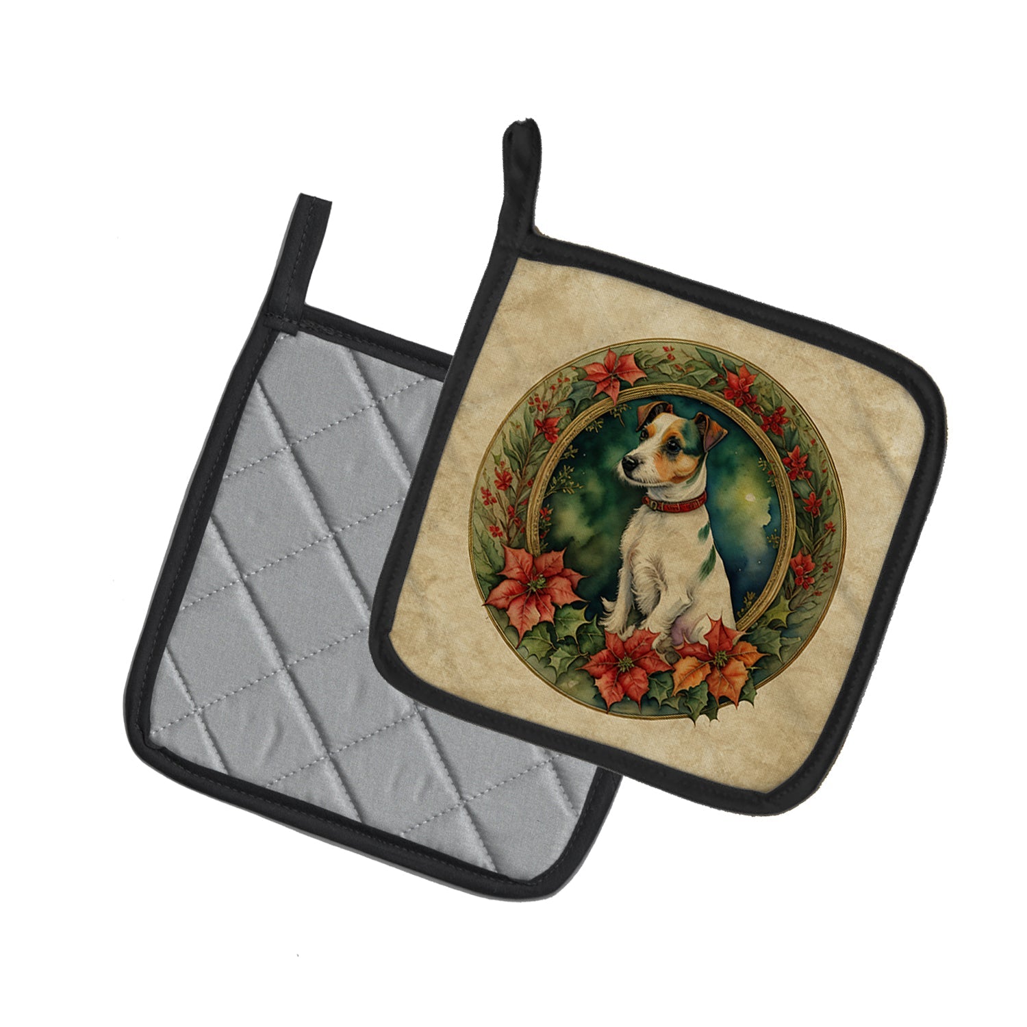 Jack Russell Terrier Christmas Flowers Pair of Pot Holders