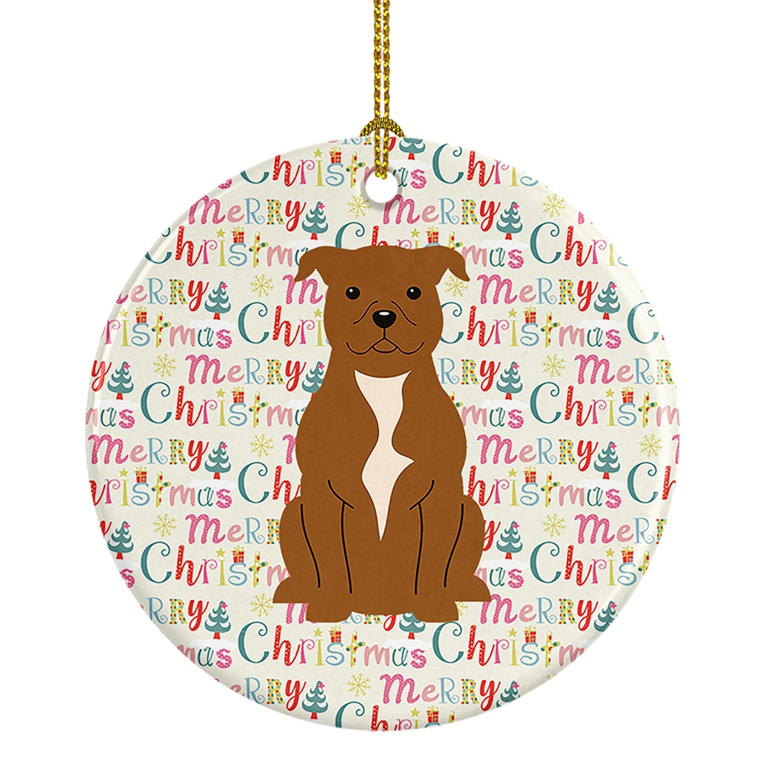 Merry Christmas Staffordshire Bull Terrier Brown Ceramic Ornament