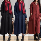 Vintage Cotton Linen Hooded Long Dress Windbreaker Jacket