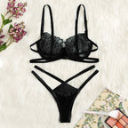 Women's Sheer Lace Strappy Bra and Thong Lingerie Set