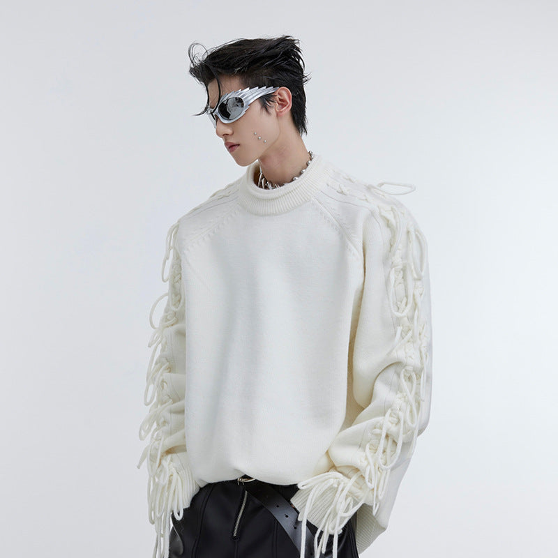 Deconstructed Fringe Design Knit Sweater with Crease