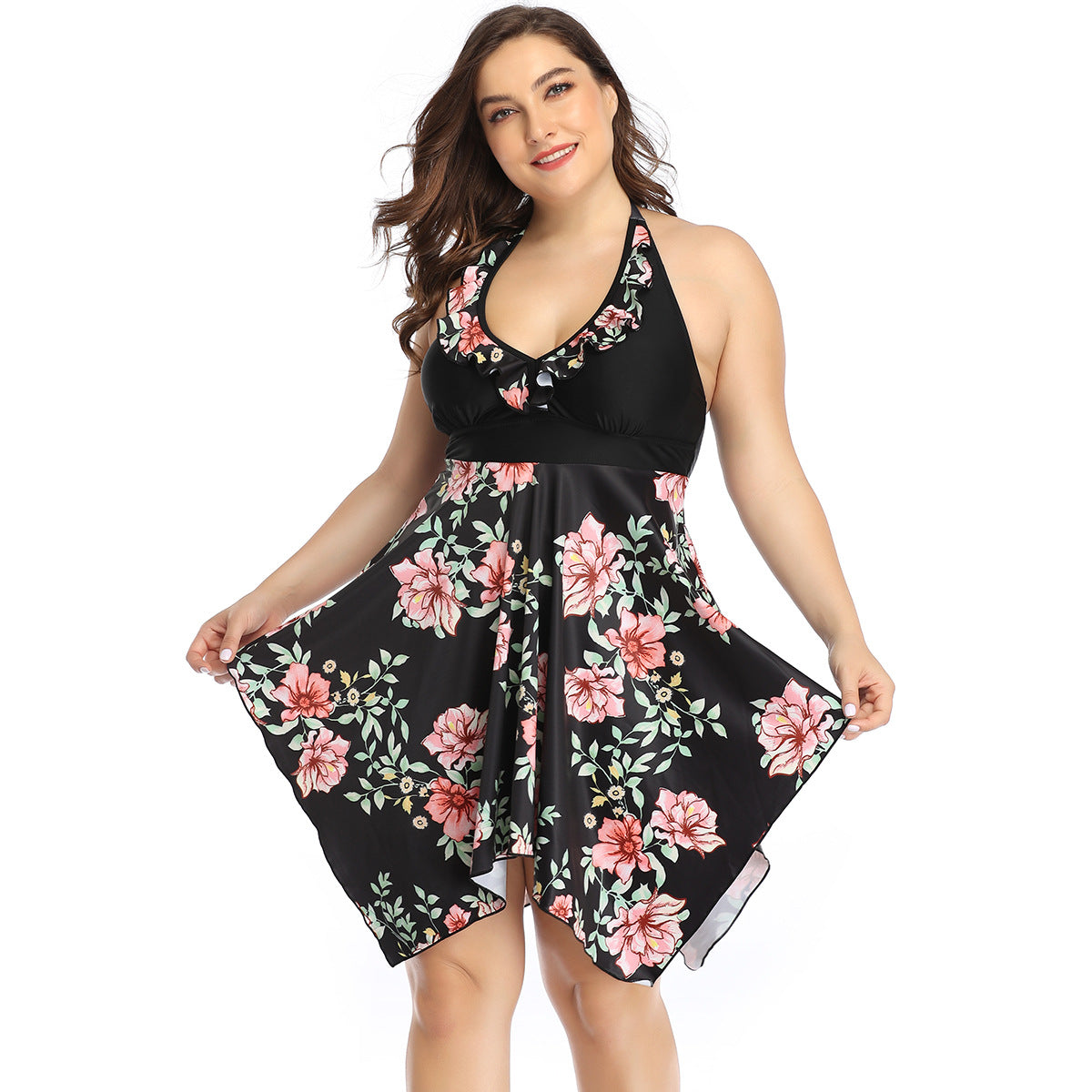 Plus Size Floral Halter Skirted Swim Dress
