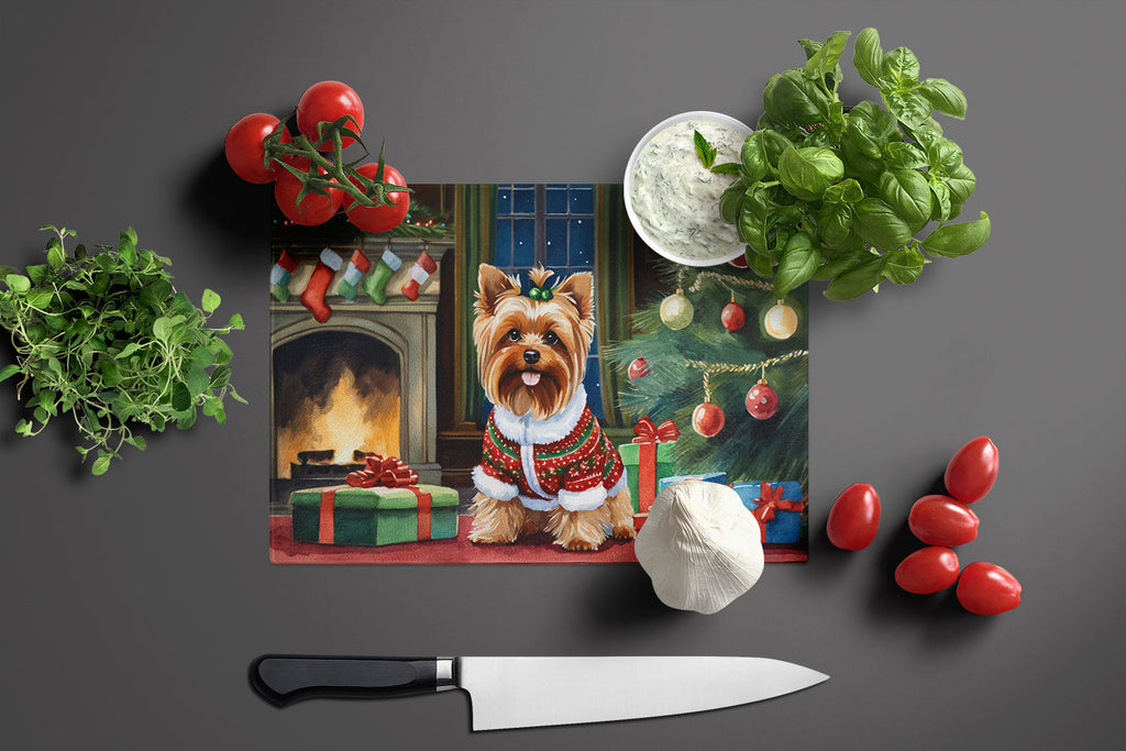 Yorkshire Terrier Cozy Christmas Glass Cutting Board