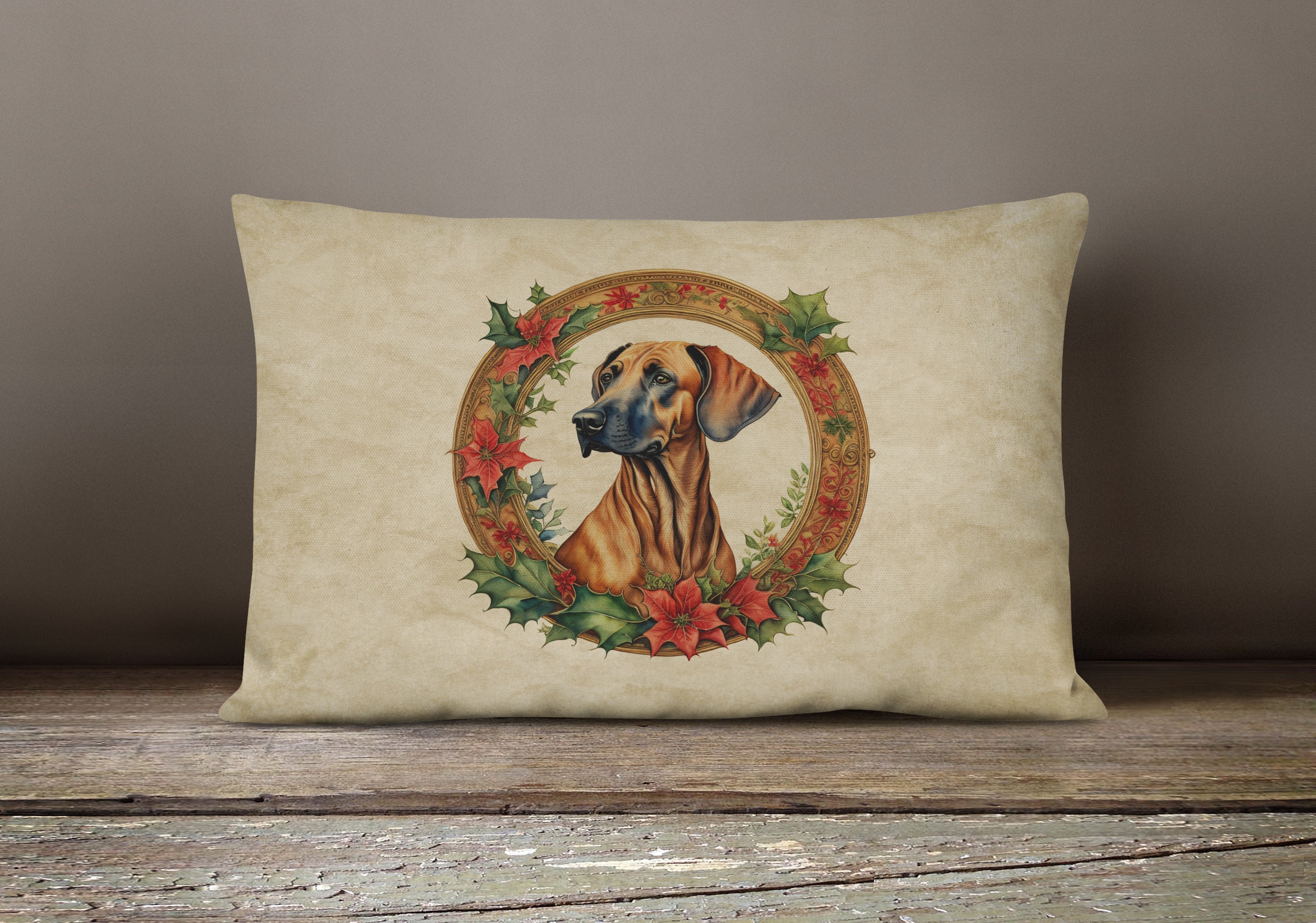 Rhodesian Ridgeback Christmas Flowers Throw Pillow
