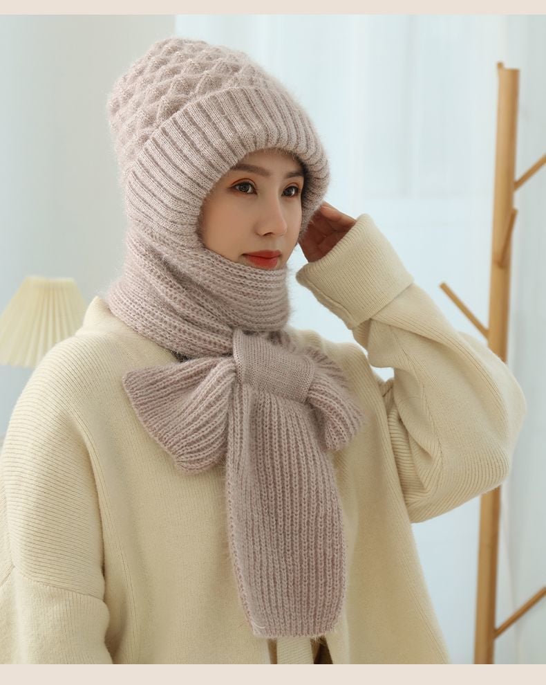 Women's Fleece-lined Knitted Scarf and Hat Set | Embroidered Cap
