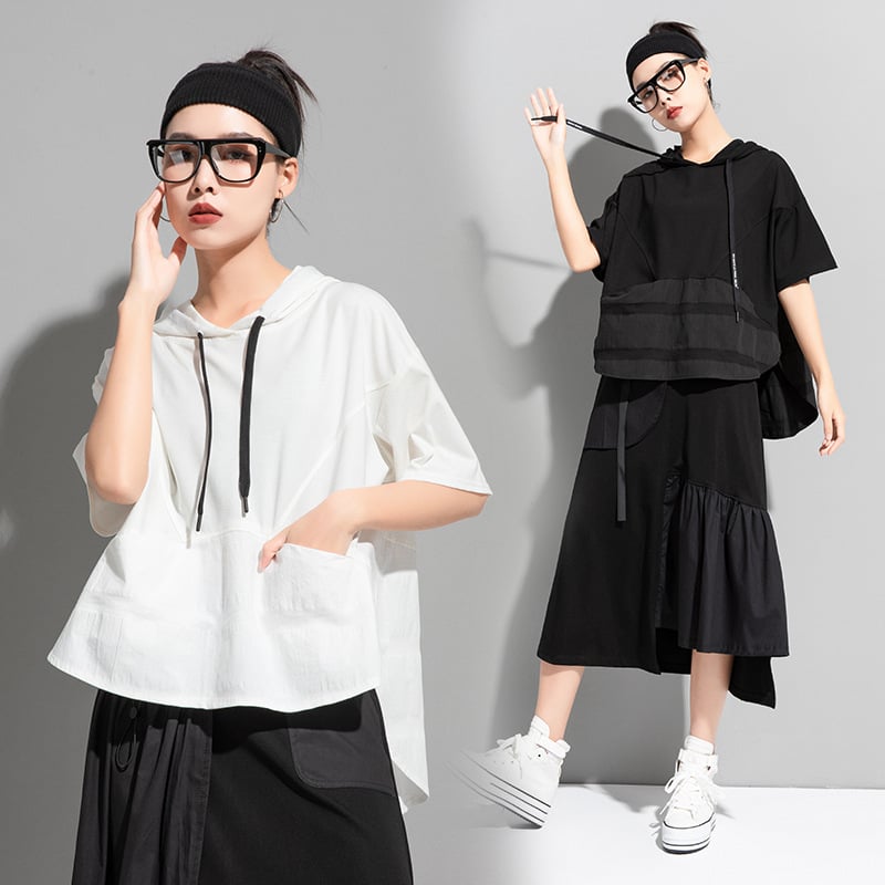 Hooded Short Sleeve Sweatshirt with Pockets | Streetwear