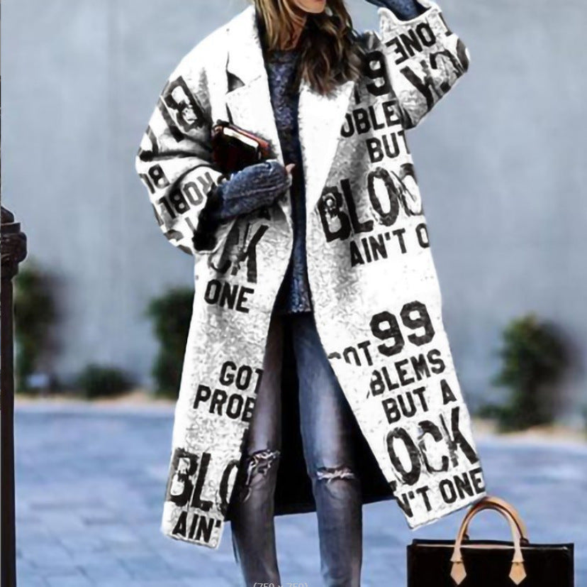 Loose Long Printed Woolen Coat for Women