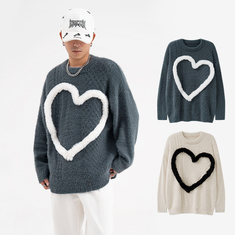 Three-Dimensional Velvet Love Sweater in Contrast Colors