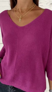 Pink Knit Sweater with V-Neck and 3/4 Sleeves (One Piece)