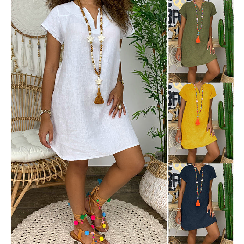Women’s Casual V Neck Cotton Linen Mini Dress 5XL