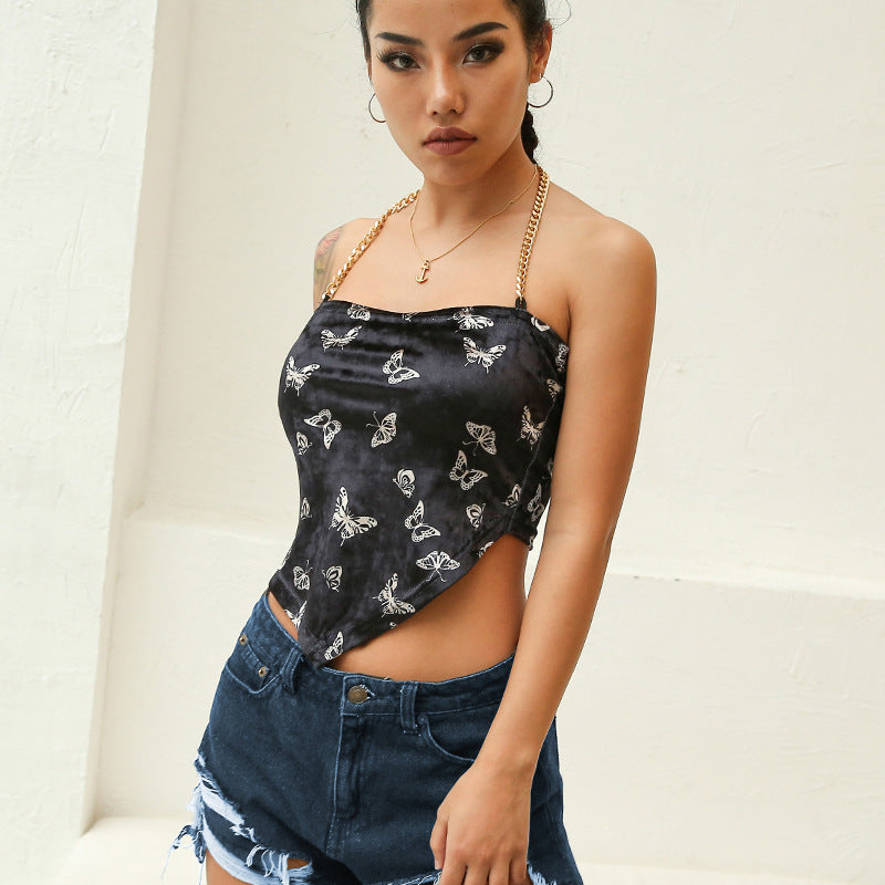 Butterfly Print Spaghetti Strap Backless Top