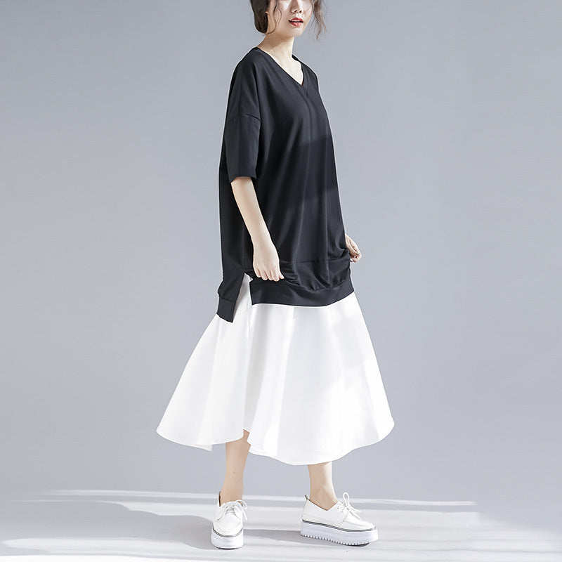 Women's V-Neck Color Block Midi Dress (Two-Piece)