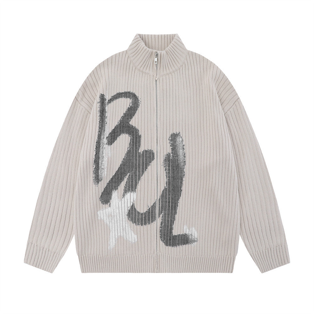 Men's Loose Mock Neck Knitted Cardigan Sweater Coat