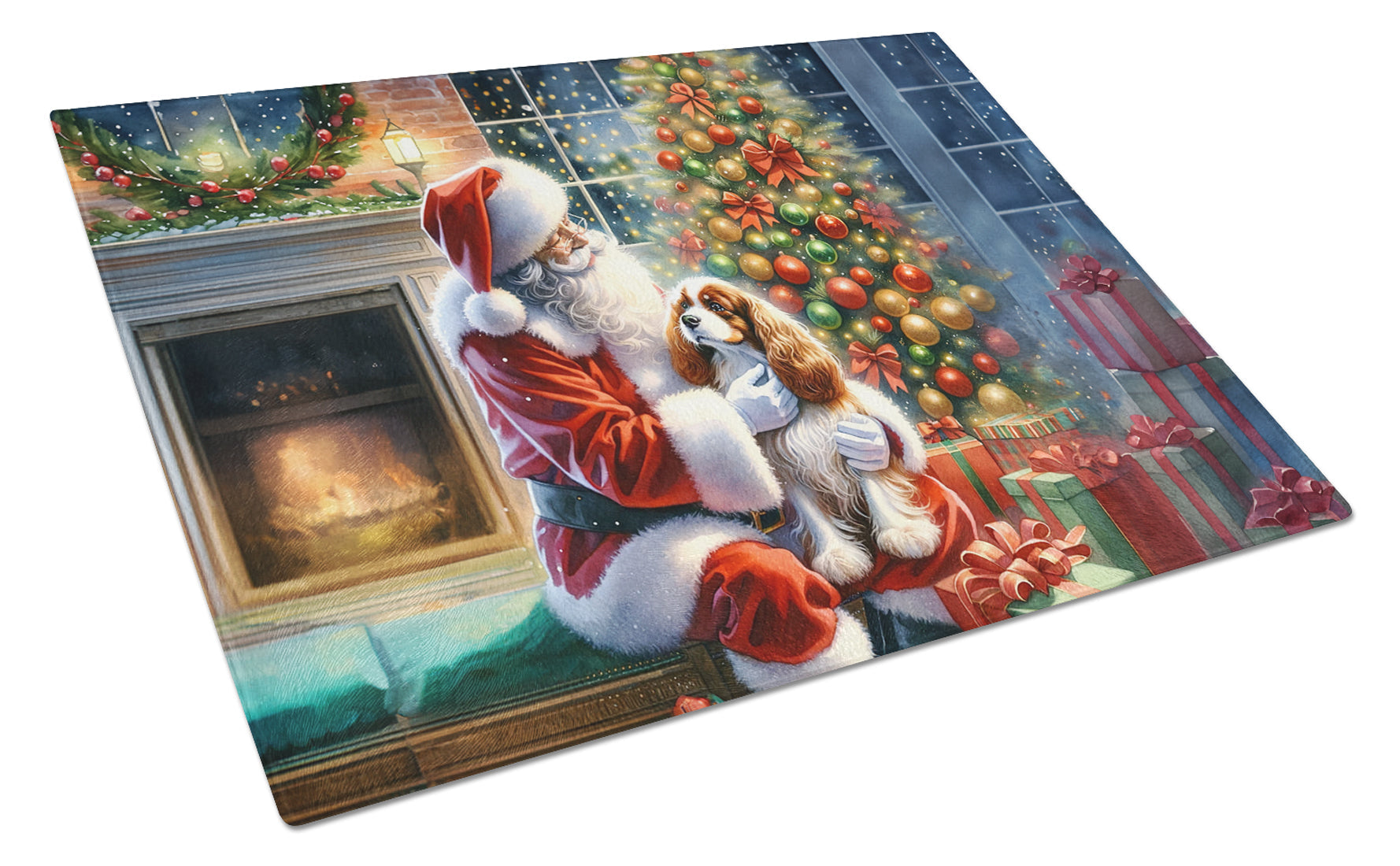 Cavalier Spaniel and Santa Claus Glass Cutting Board