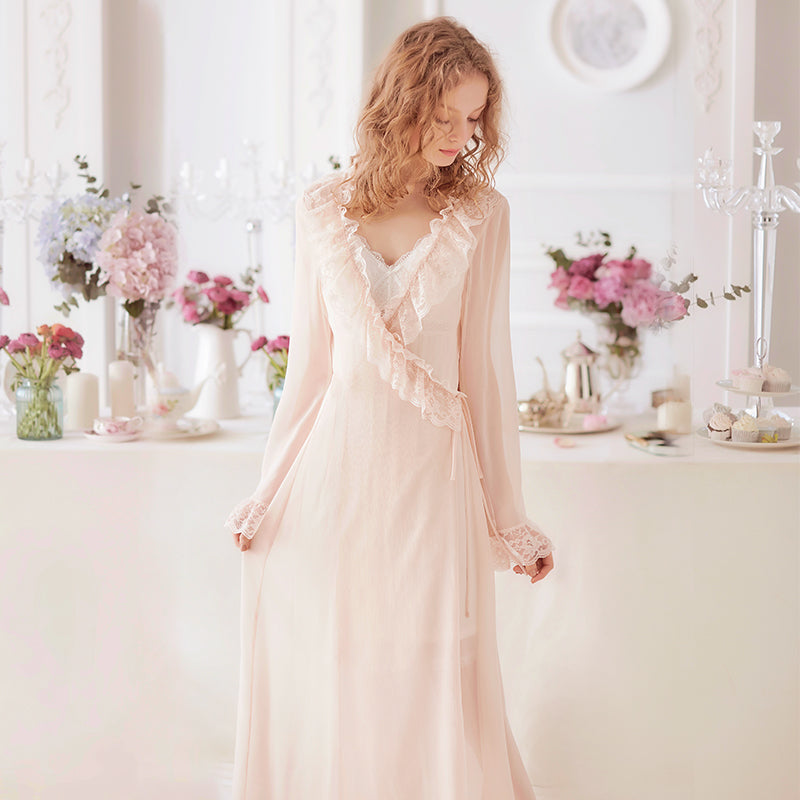 Princess Style Long Lace Nightgown and Robe for Women