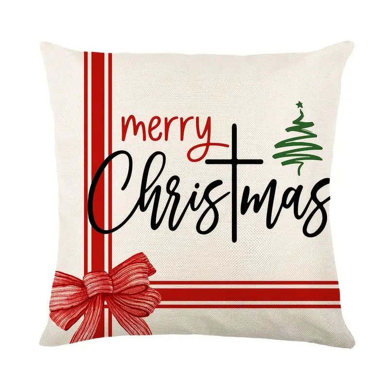 Linen Throw Pillow Case with Christmas Hat & Tree Print | Embroidered Cap