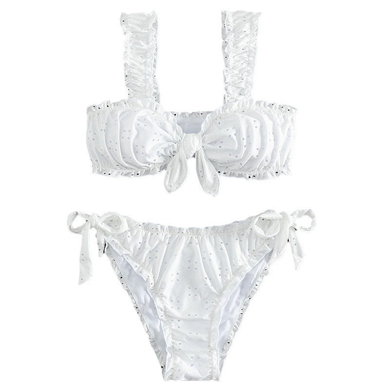 Cute Solid Color Ruffled Bow Two-Piece Bikini Set