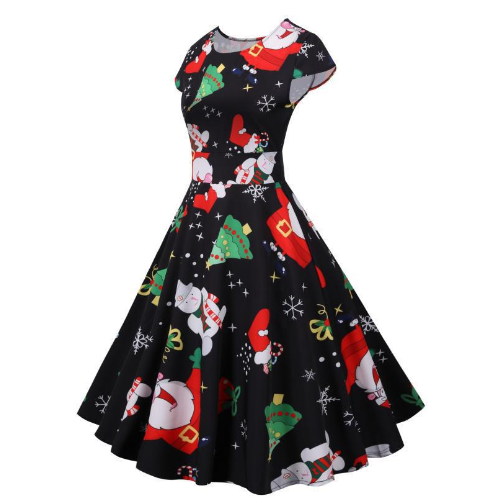 Fashionable Short Sleeve Christmas Dress with Print