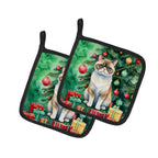 Exotic Shorthair Cat By the Christmas Tree Pair of Pot Holders