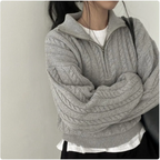 Korean-Style Retro Cable-Knit Zipper Pullover – Casual Long Sleeve Sweater Top | Streetwear
