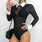 Chic Mesh-Panel Long Sleeve Bodysuit for Women