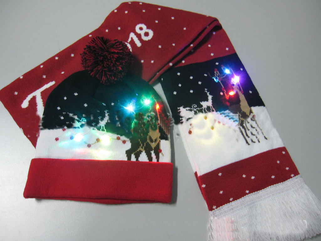 Scarf and Hat Set with LED and Reindeer Design | Embroidered Cap