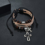 Leather Cross Beaded Charm Bracelet
