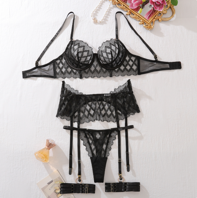 Lace Mesh See-through Bra & Lingerie Set