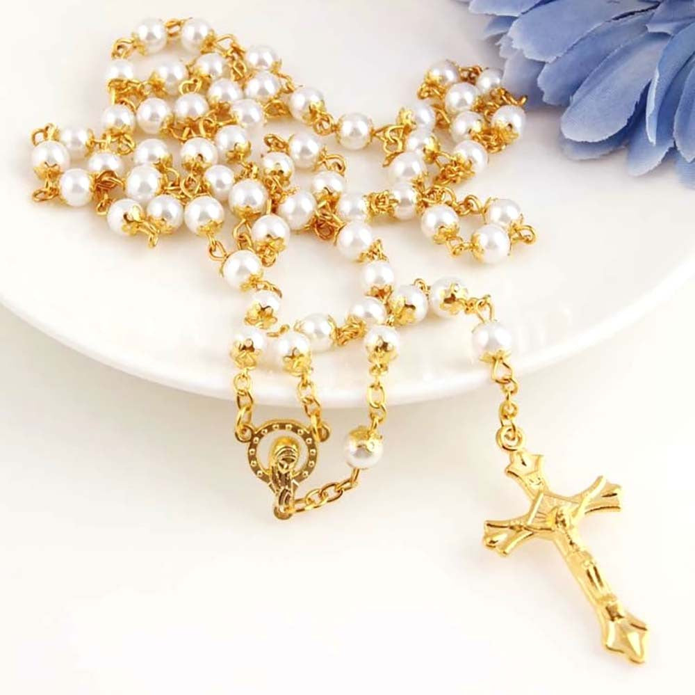 Glass Pearl Rosary Necklace