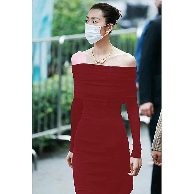 Knitted Off-Shoulder Long Sleeve Fishtail Dress