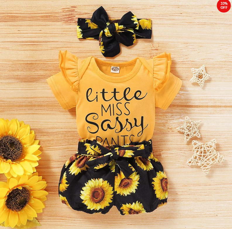 Sunflower Print Baby Bodysuit and Shorts Set (3 Pieces)